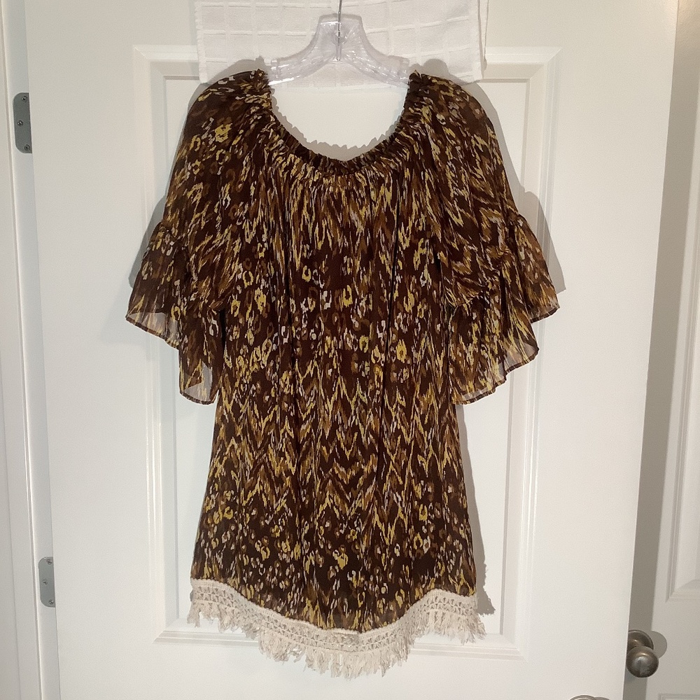Basically Me Ladies Lined Pull Over Top Brown/ Yellow/ Tan Size M